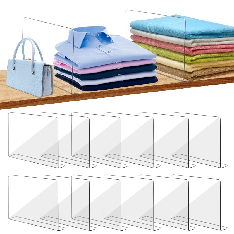 OKPOW Shelf Dividers for Closet Organization: 12 Pack Durable Clear Acrylic Divider Organizer for Shelves - Vertical Adjustable Shelving Separators for Clothing Purse - Image 1